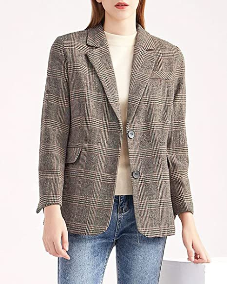 Women's Notch Lapel 2 Button Boyfriend Blazer Suit Houndstooth Plaid Jacket Coat