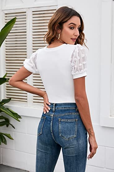 Women's round neck slim fitting mesh bubble sleeve jumpsuit casual rib knit jumpsuit