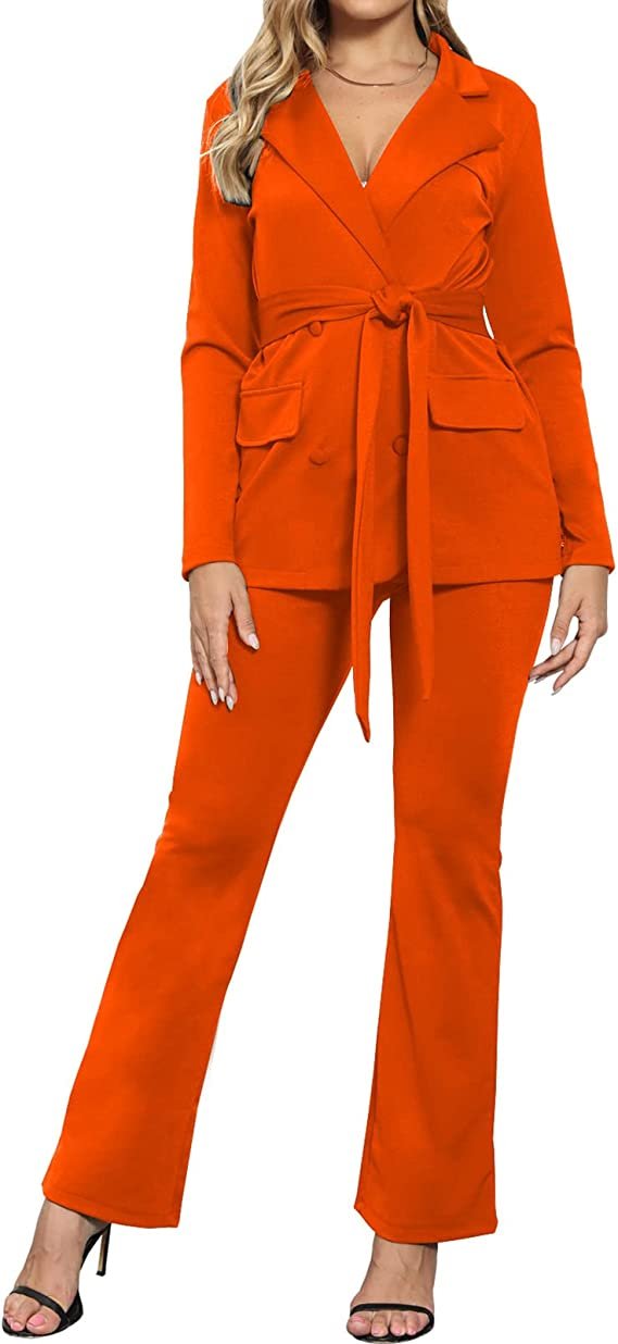 Women's Two Piece Outfits Casual Open Front Blazer and Elastic Waist Flared Pants Suits Set