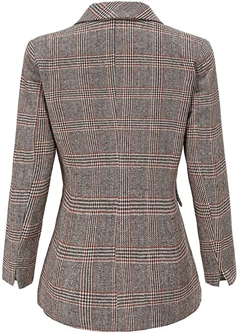 Women's Notch Lapel 2 Button Boyfriend Blazer Suit Houndstooth Plaid Jacket Coat