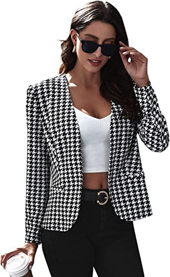 Women Elegant Open Front Houndstooth Blazer Work Office Jacket Outwear