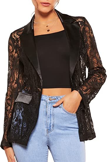 Women's Floral Lace Mesh One Button Lapel Neck Long Sleeve